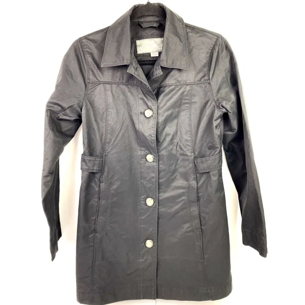Eddie Bauer Women's XS Long Black Trench Style Raincoat Cotton Nylon‎